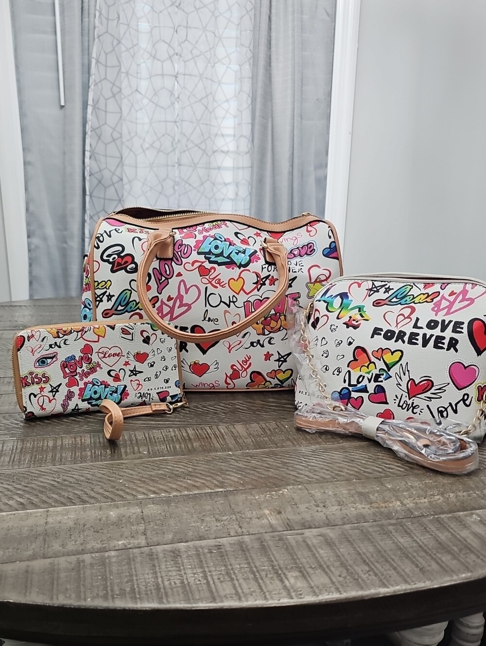 Women’s Cream Graffiti Print 3-Piece Bag Set - Love Forever